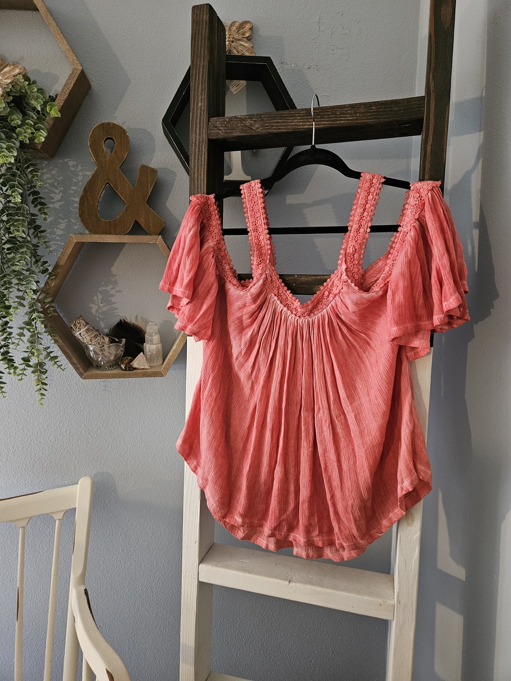 Sea Gypsies Cold-Shoulder Coral Peasant Blouse with Braided Straps- Medium